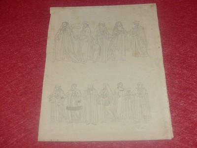 DESSIN ORIGINAL SUR CALQUE / ENCRE FIN XIXe 12 personnes COSTUMES HISTOIRE Malte