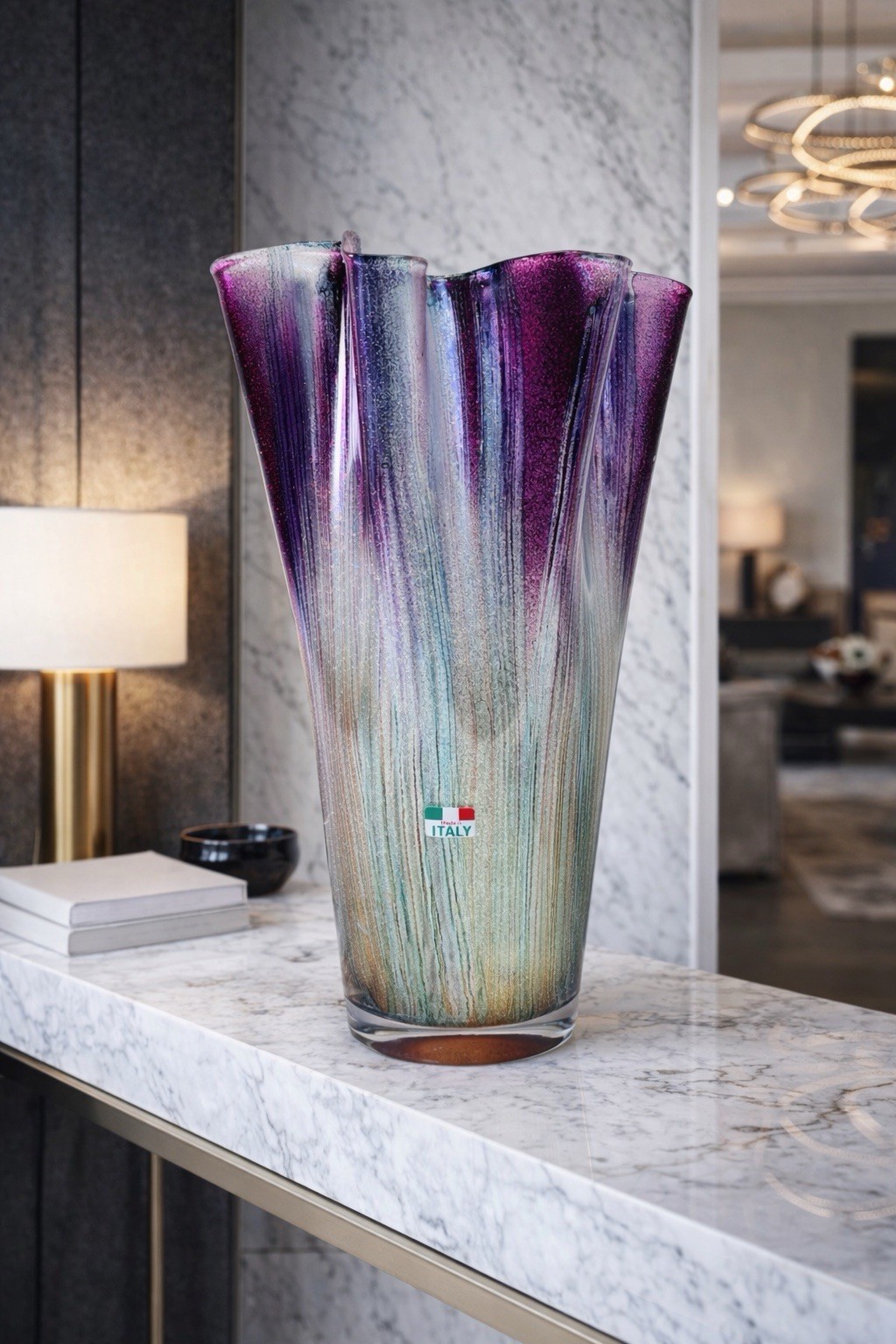 Vintage Murano Style Art Glass Vase Purple Silver Aventurine Ruffled Rim Italy
