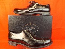 NIB PRADA 2EE061 BLACK PATENT LEATHER LACE UP WINGTIP PERFORATED OXFORDS 10 ITAL