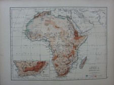 1897 MAP ~ AFRICA PHYSICAL LAND HEIGHTS CAPE COLONY SAHARA GREAT DESERT 