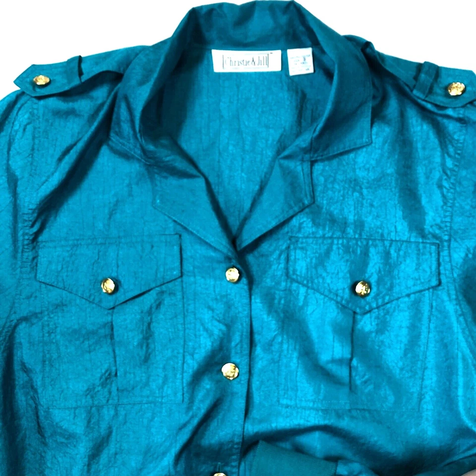 Blusa De Colección Christie & Jill Mujer Talla S Azul Botones Manga Corta Cintura Acanalada Años 90 Foto 2 de 4