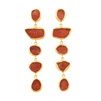 Cherry Quartz Rough Earring Gold Plated Texture Collate Vintage Dangle Earrings