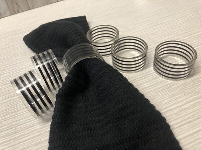 Vintage Round Lucite Napkin Rings Clear W/ Black Stripes VENA Free  Shipping