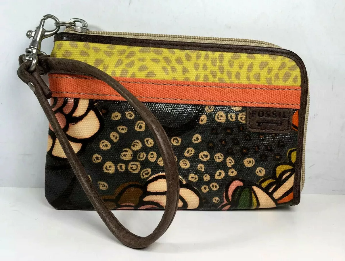 Fossil Small Multicolor Canvas Leather Trim Wristlet Pouch Wallet