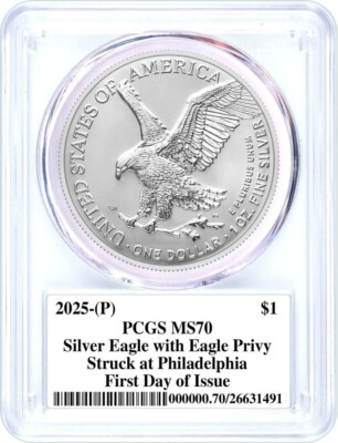 【最高鑑定】2025年 アメリカ イーグル銀貨 PCGS MS70 FDOI 2025 (P) $1 1oz Silver Eagle with Eagle Privy PCGS MS70 FDOI