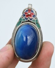 2" Rare Old Chinese Silver Inlay Gem Dynasty palace Flower Amulet Pendant