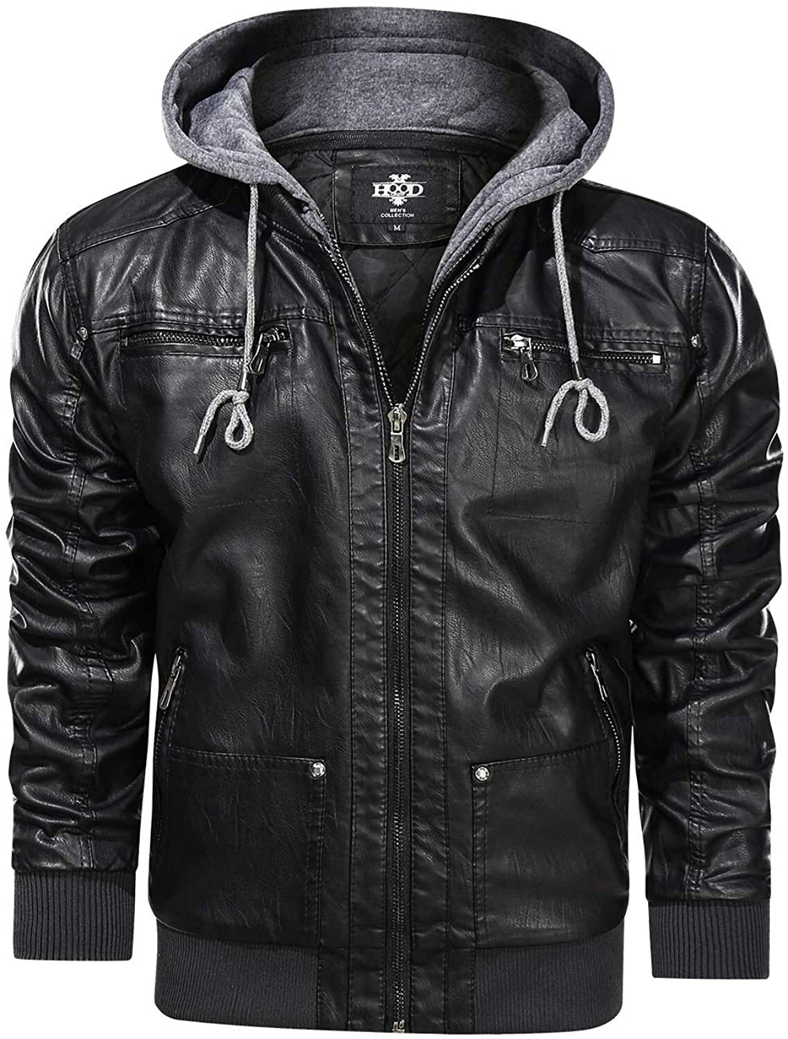 HOOD CREW Men's Warm PU Faux Leather ZipUp Motorcycle Bomber Jacket