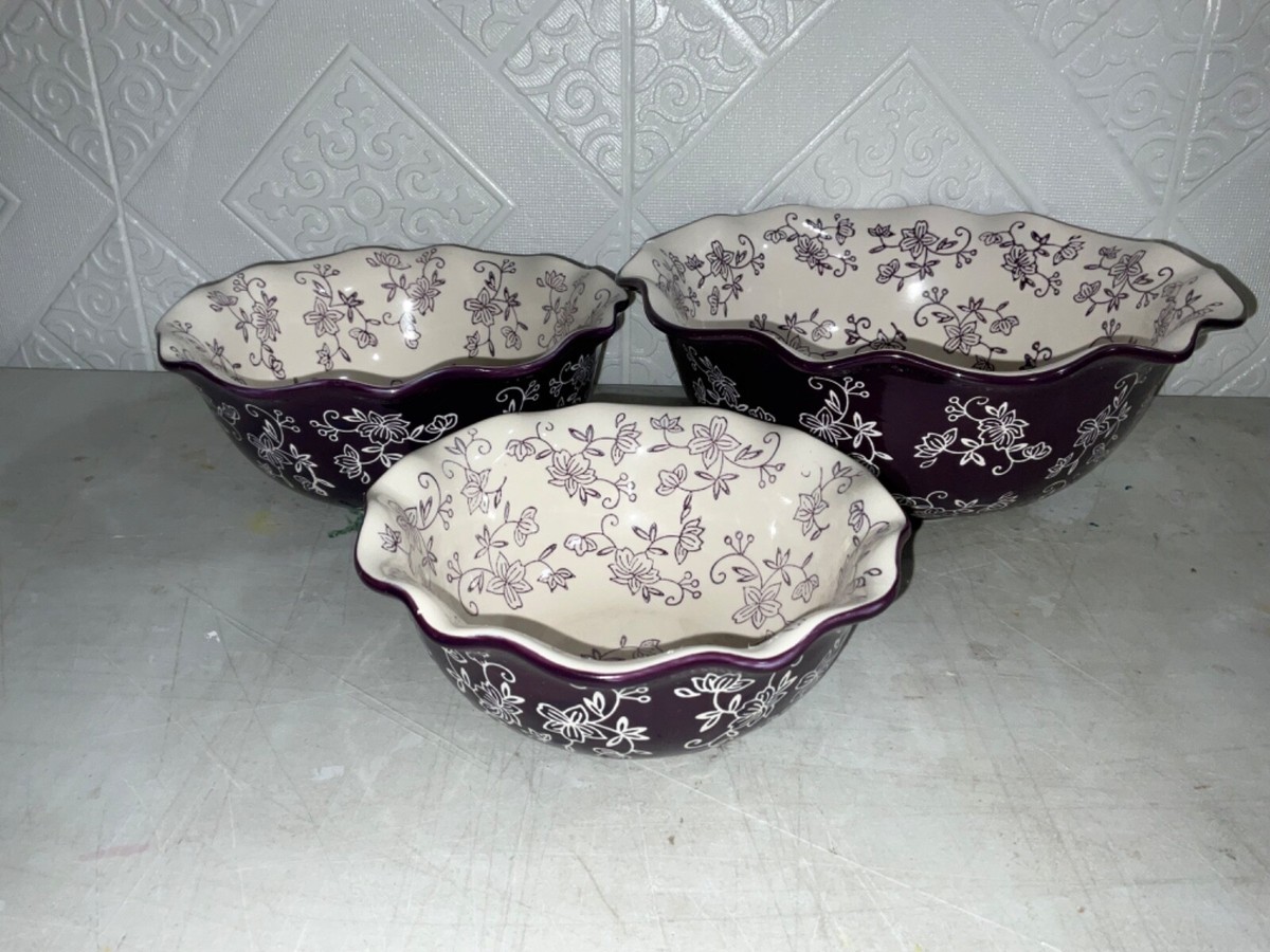 Temp-tations Floral Lace Eggplant Purple Mixing Salad Serving Bowls Set of