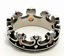 Crown Stainless Steel Ring Engraved Detail with Orange Gems