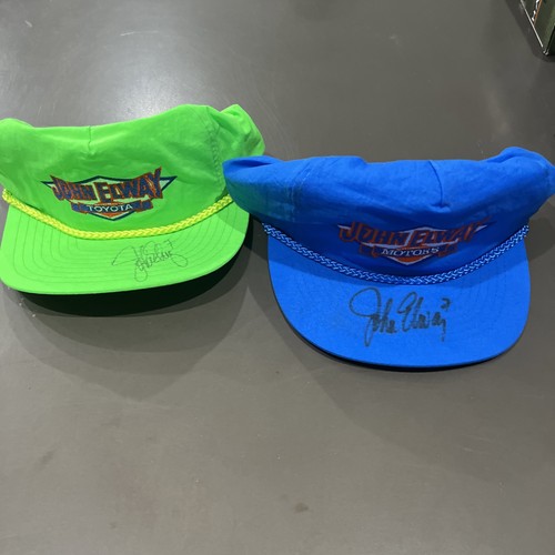 Vintage John Elway Toyota Motors Signed Hats Lot of 2 Denver Broncos Dealership