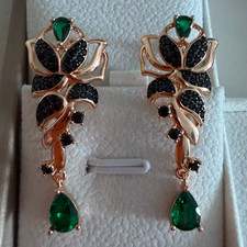14Ct Rolled Rose Gold Large Emerald and Black CZ Earrings, Hallmarked 585RG