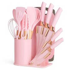 19-Piece Pink Kitchen Utensil Set Silicone Cooking Tools with Wooden Han