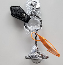 Vivienne Westwood Black 3D ORB GUNMETAL Key Ring Black Leather Charm Keychain