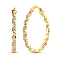 MULA European 925 Sterling Silver Large Hoop Earrings CZ Golden Wave for Women