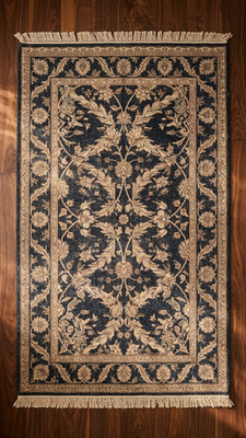 Vintage Persian-Style Hand-Knotted Wool Area Rug, Navy & Gold Floral