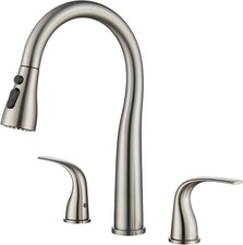 3-Hole Kitchen Faucet W/ Pull Down Sprayer Brushed Nickel Double Handle High Arc