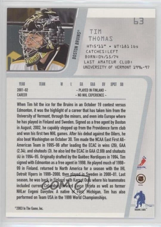 2002-03 ITG Be A Player Between the Pipes Tim Thomas #63 Rookie RC - Image 2 of 2