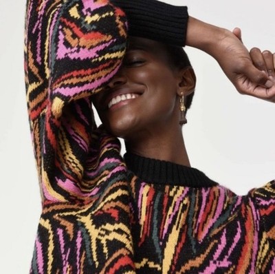 Farm Rio Women s Shiny Zebra Intarsia Knit Sweater Multicolor Sz M Puff Sleeve 