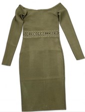 Size XS Khaki Dress House of CB Amara BodyCon Long Sleeve Off ShoulderMidi Dress