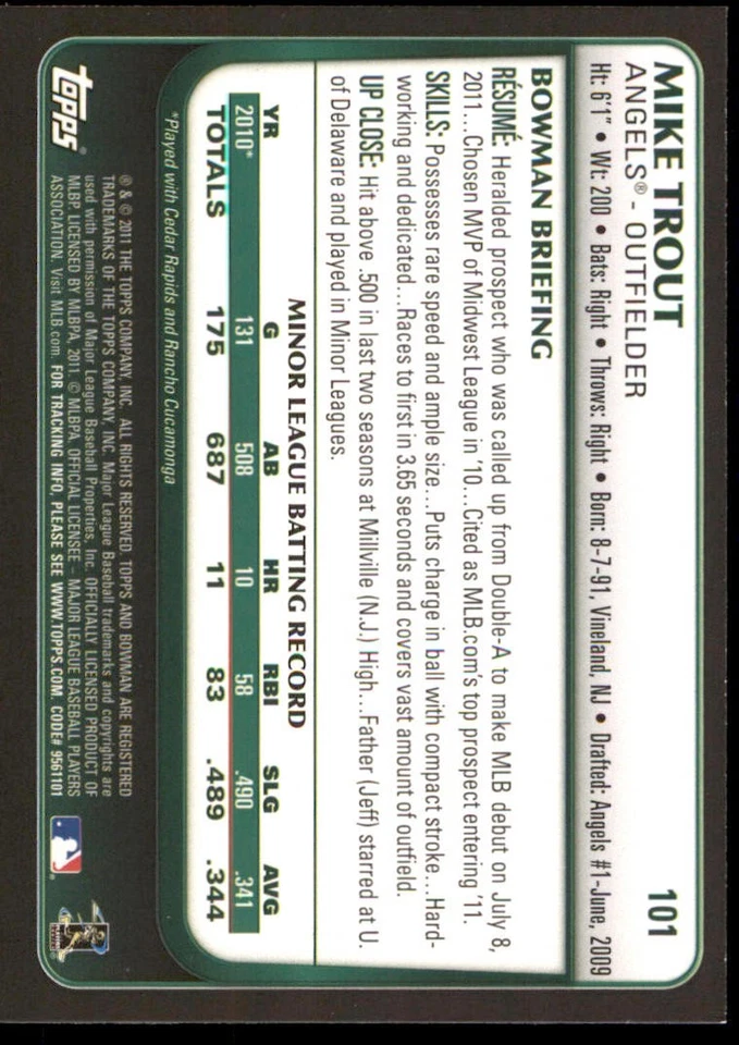2011 Bowman Draft #101 Mike Trout RC - Image 2 of 2