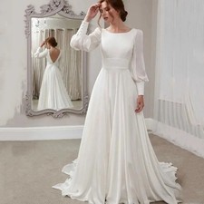 Simple A-line Wedding Dress Backless O-Neck Chiffon Lantern Sleeve Sweep Train