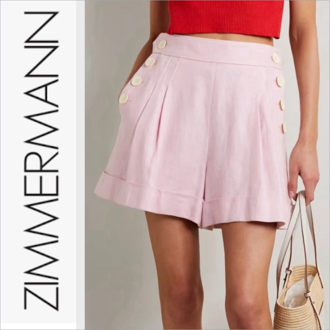 ZIMMERMANN HIGH TIDE HIGH WAIST BUTTON 100% Linen Shorts Pink 2