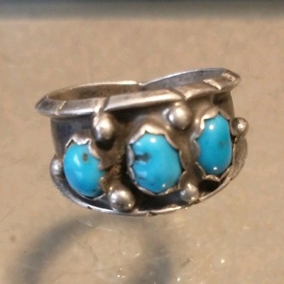 Vintage Sterling Silber Blau Türkis 3 Steine ''Navaho'' Ring ''ML'' Herstellermarke