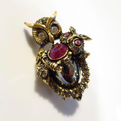 Alcozer&J Italian Owl Brooch Ruby Marattite Brass Unused Jewelry