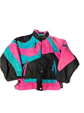 Vintage 90s Kids Colorblock Ski Jacket OS Zipper Pink Teal Black Youth 8-10