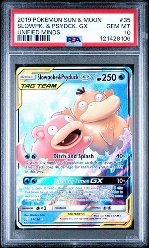 Pokemon TCG Unified Minds Tag Team Slowpoke Psyduck GX Card 35/236 PSA 10