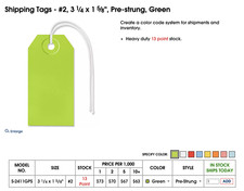 Shipping Tags - 2, 3 1  4 x 1 5  8",Pre-strung,Green-S-2411GPS -Uline 1000 PCS 