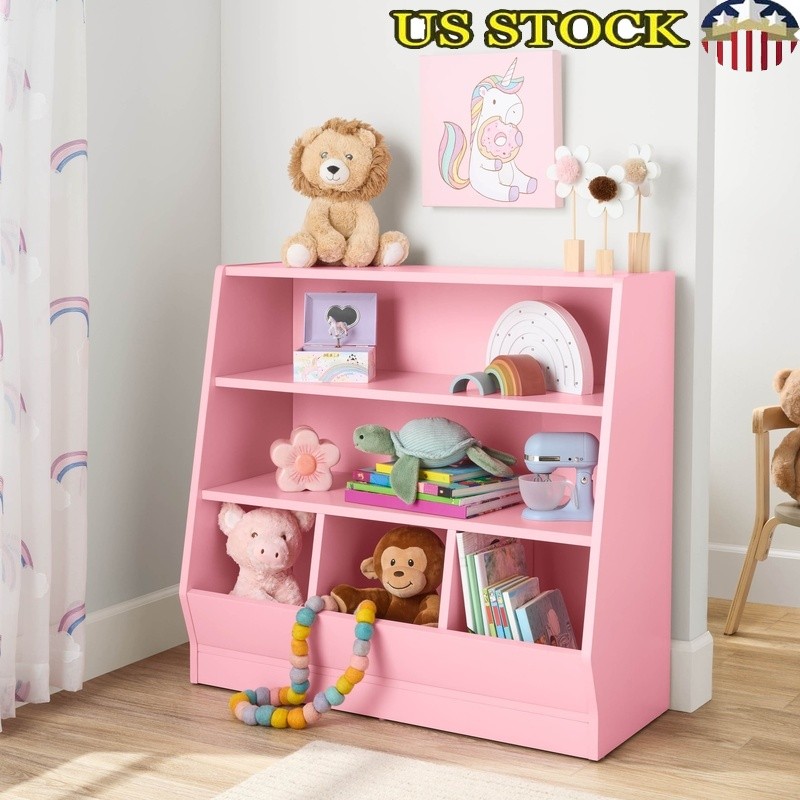 Kids Toy Storage Bookcase W/ Two Shelves & Three Bins Playroom Bedroom New