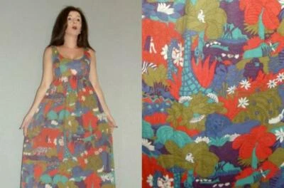SALE! XS Vtg 70s Garden of Eden Novelty Zebra Giraffe Lion Animal Maxi Dress - Image 1 of 4
