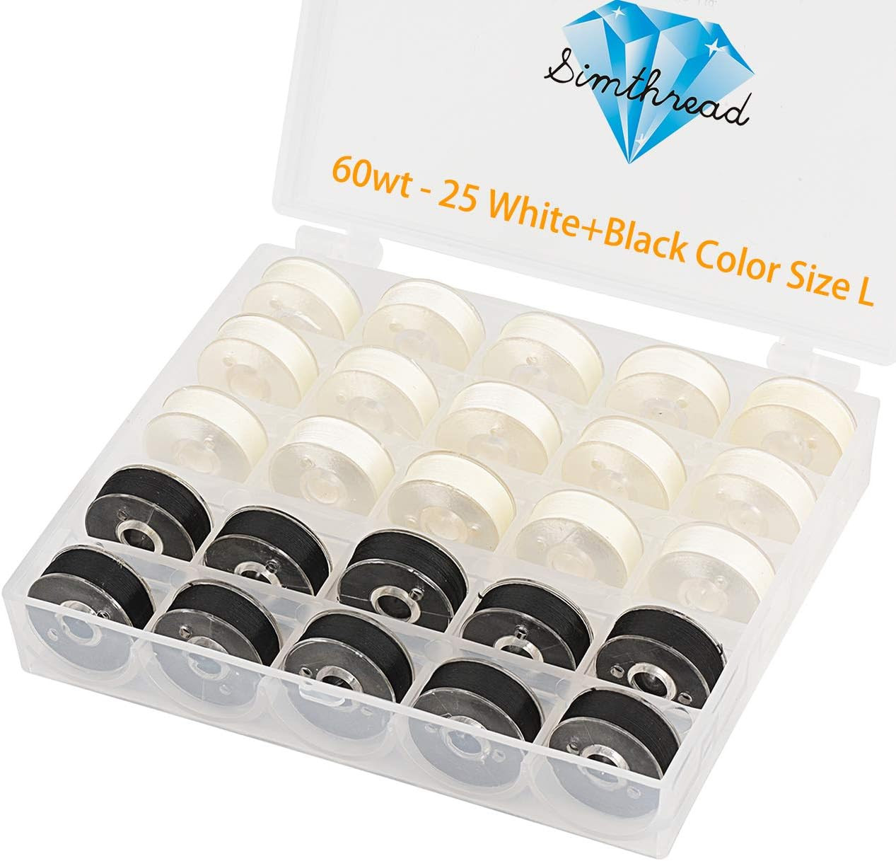 Simthread 25Pcs 15White + 10Black Prewound Bobbin Thread Size L (SA155) 60WT for