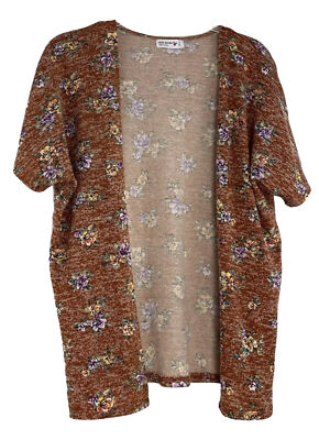 Knit Works Open Cardigan Sweater Floral lightweight Short Sleeves L Poly Blend