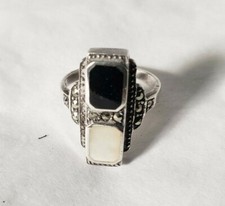 Statement sterling silver ring, marcasite, onyx, mother of pearl, size 6.5