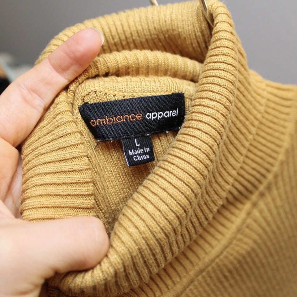 Top tejido acanalado Ambiance Apparel para mujer talla L amarillo mostaza cuello alto preppy Foto 3 de 4