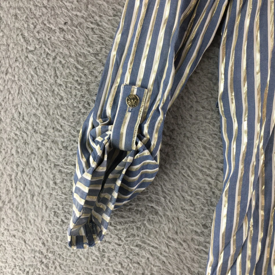 Vestido camisero Anne Klein para mujer 6 azul dorado estriado media cremallera cuello manga larga Foto 3 de 4