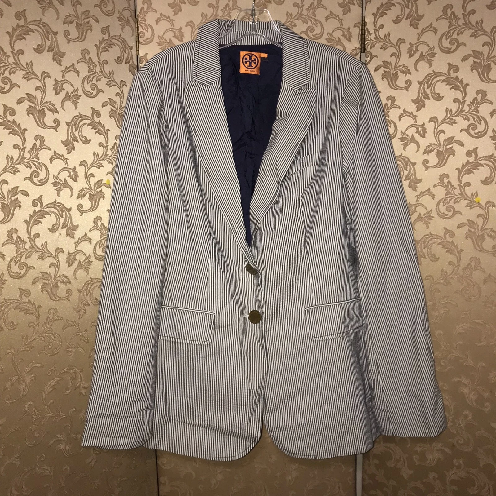 Giacca blazer a righe Seersucker multicolore blu bianco Tory Burch taglia 12