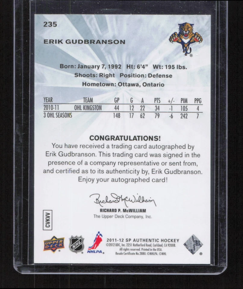 2011-12 SP Authentic #235 Erik Gudbranson #/999 Future Watch Auto Florida - Image 2 of 2