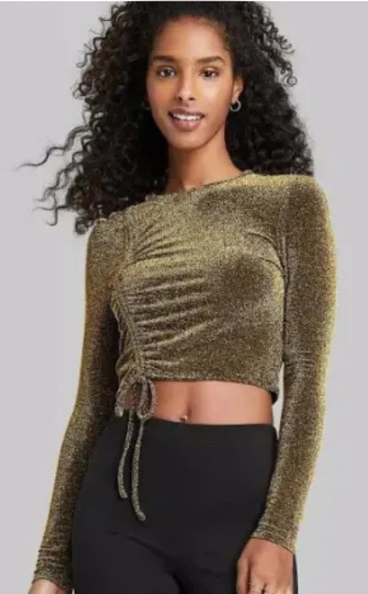 Wild Fable Womens Side Ruched Black/Gold Sparkle Long Sleeve Crop