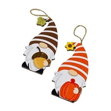 Autum Fall Gnomes with Pumpkin and Acorn 4.9in Wooden Ornaments Set of 2