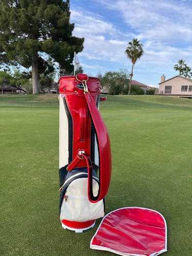 Bolso de golf vintage profesional clásico rojo, blanco y azul imitación cuero - raro + capucha para lluvia - Imagen 8 de 8