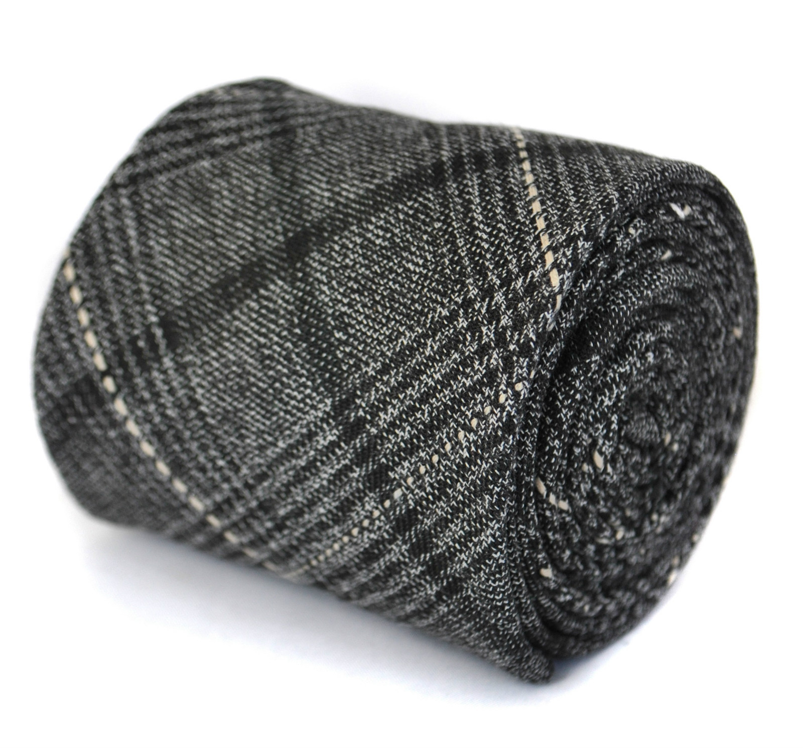 Frederick Thomas Designer Tweed Wool Mens Tie - Black and Grey - Check Skinny