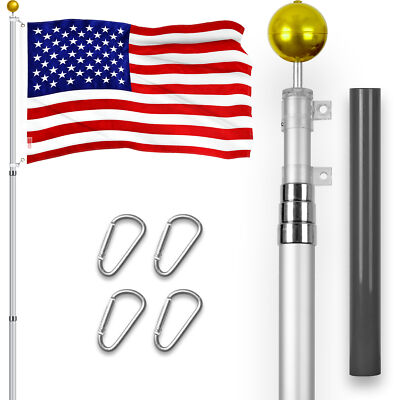 Combo: 16 Ft Telescoping Flagpole Silver & American USA Flag 2.5x4 Ft Emb 210D