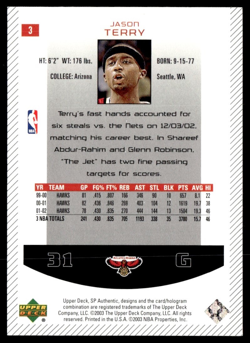 2002-03 SP Authentic Jason Terry Atlanta Hawks #3 | eBay
