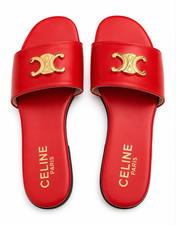 CELINE Womens Red/Gold Logo Leather Slide San...