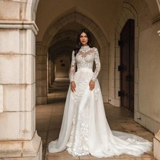 Detachable Train Lace Mermaid Wedding Dress Modest High Collar Long Sleeve