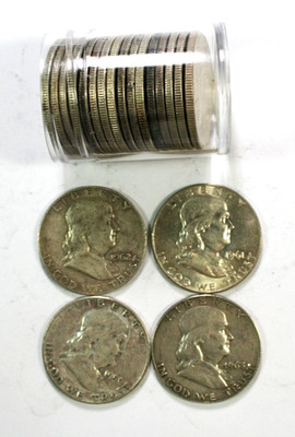 Roll of 20 Franklin Half Dollars 90% Silver - $10 Face Valve - Circulated