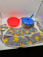 Kids Vtg Half Apron Handsewn Yellow Mushrooms on Gingham And Toy Plastic Pans